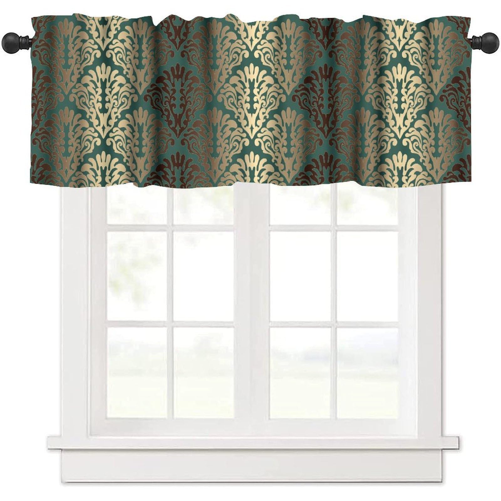 moderw Gold Damask Window Curtains Valance, Vintage Classic Luxury Window Treatments Oriental Green and Gold Damask Floral Valance Curtain for Farmhouse Living Room Kitchen 54x18inch