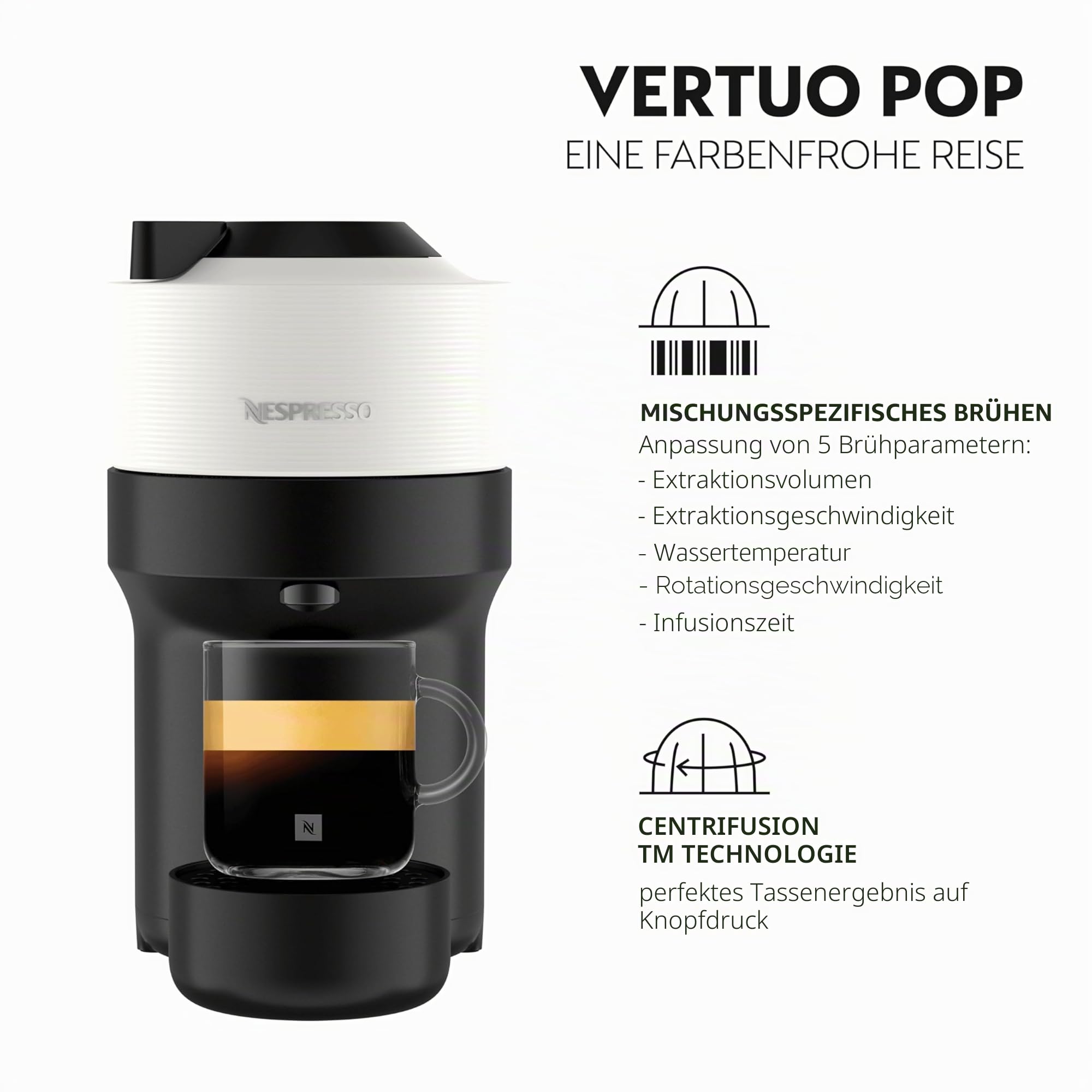 Nespresso Krups Vertuo Pop Kaffeekapselmaschine 560 ml automatische Kapselerkennung One-Touch-System 4 Tassengrößen Coconut White