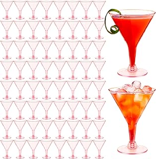 50 Pack Plastic Martini Glasses,7 oz Clear Disposable Cocktail Cups,Reusable Tall Stemmed Wine Shooter Glasses for Party Wine,Champagne,Margarita(Pink)