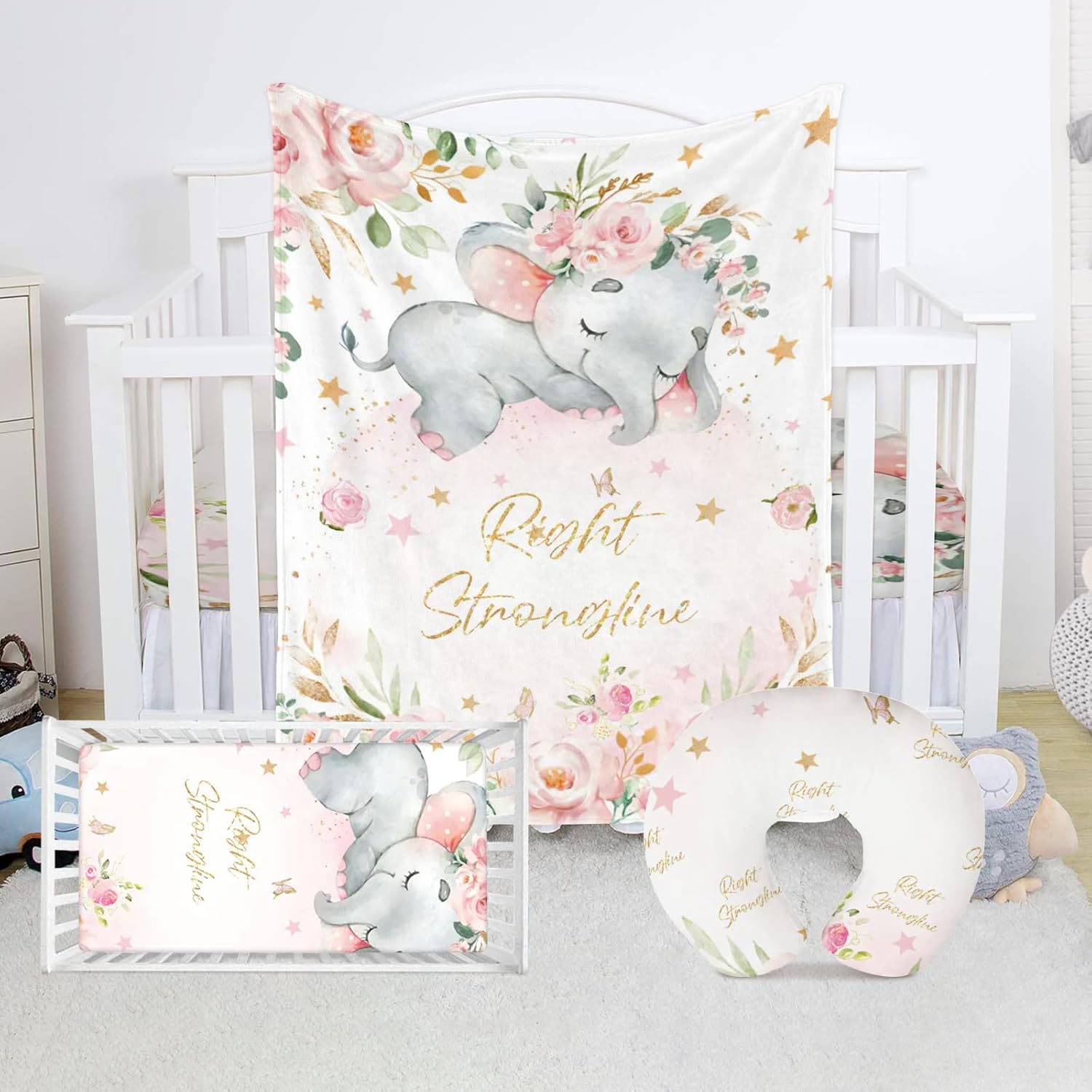 Pesronalized Elephant Crib Bedding Set, Custom Baby Bedding Set with Name, Pink Crib
