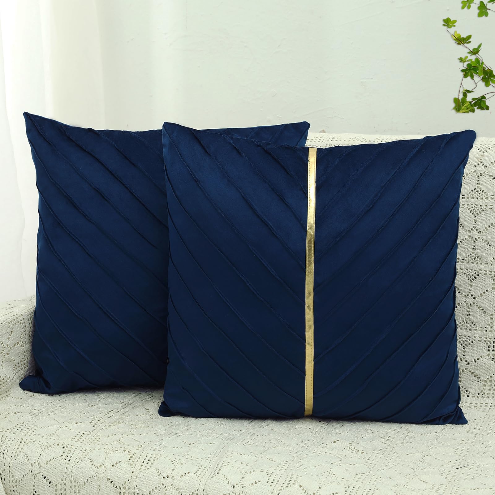 XIEJINJIA Velvet Set of 2 Cushion Cover with Gold Leather Home Decor Pillowcase Farmhouse Throw Pillow Covers for Garden Couch Sofa Bed Living Room 45x45 cm 18x18 inch Navy Blue