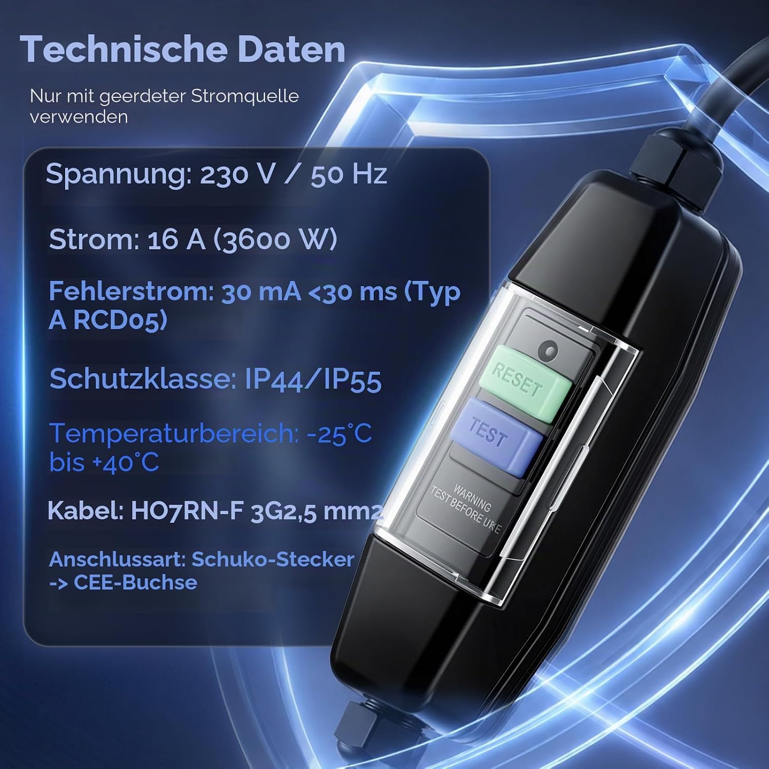 Adapterkabel 150cm Schuko auf CEE mit Integriertem FI-Schutzschalter (EU)