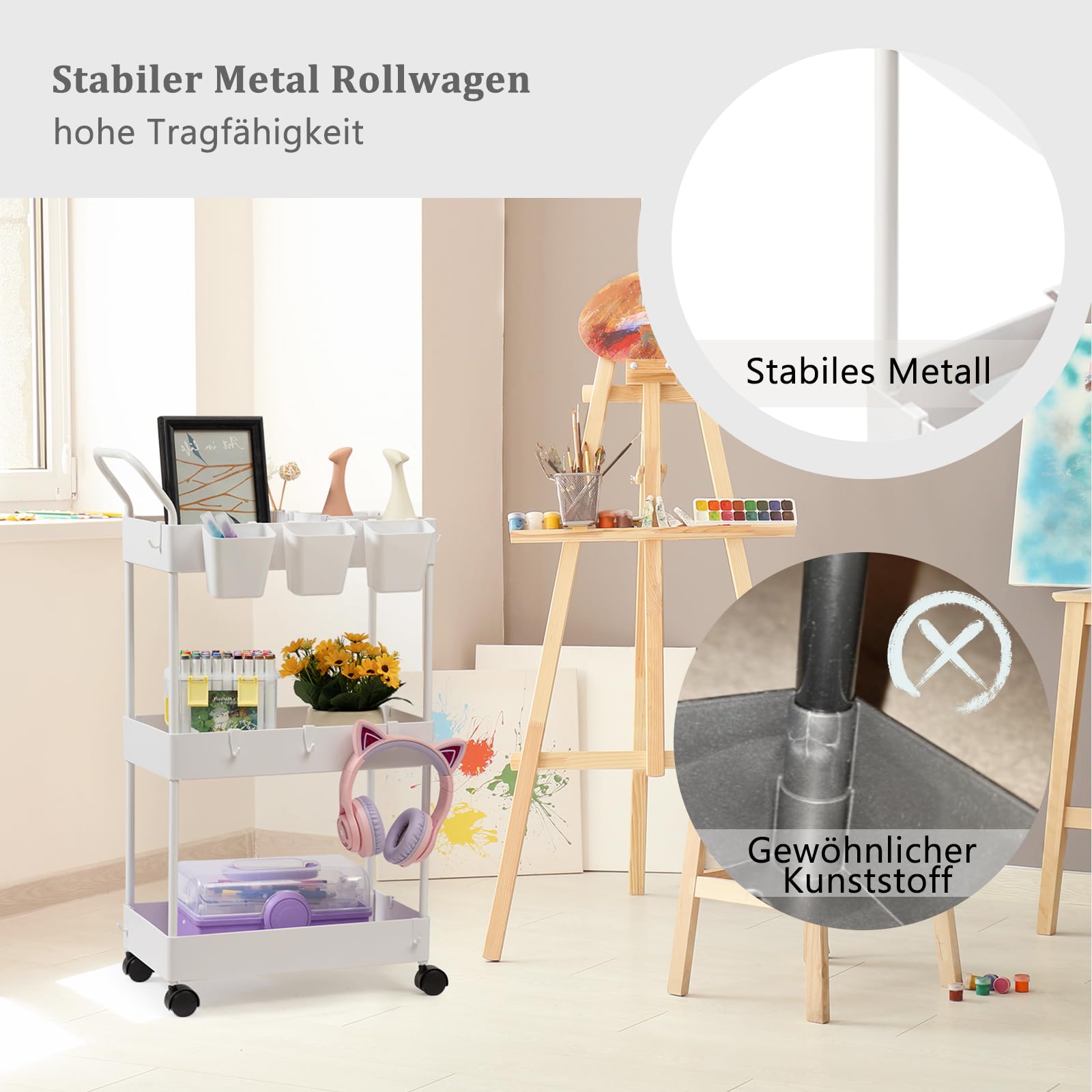 danpinera Carrello stretto per bambini, carrello da portata a 3 piani, carrello da cucina con pareti divisorie e ganci e bicchieri da appendere, carrello per nicchia per cameretta dei bambini, cucina