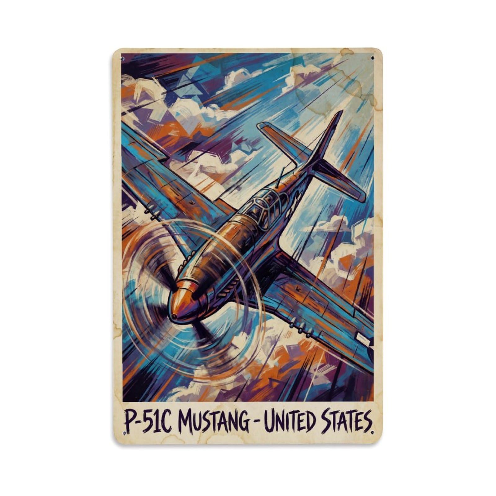 Action Aviation P-51C Mustang Fighter Aircraft Metal Tin Sign Plaque Wall Decor for Cafe, Man Cave, Club Bar, Office, Home Garden Round Metal Poster 8x12Inch