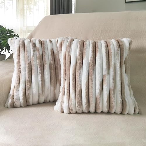 Fundas de almohada de 18 x 18 pulgadas, fundas de almohada esponjosas a rayas, juego de 2 piezas, color blanco con caqui, 18 x 18 pulgadas disponible en Yaxa Peru