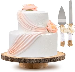 Rustic Wood Cake Stand with Slice Topper & Cutting Set - For Wedding/Cake Decorating/Party/Baby Showers/Reception/Deco(12Inch)