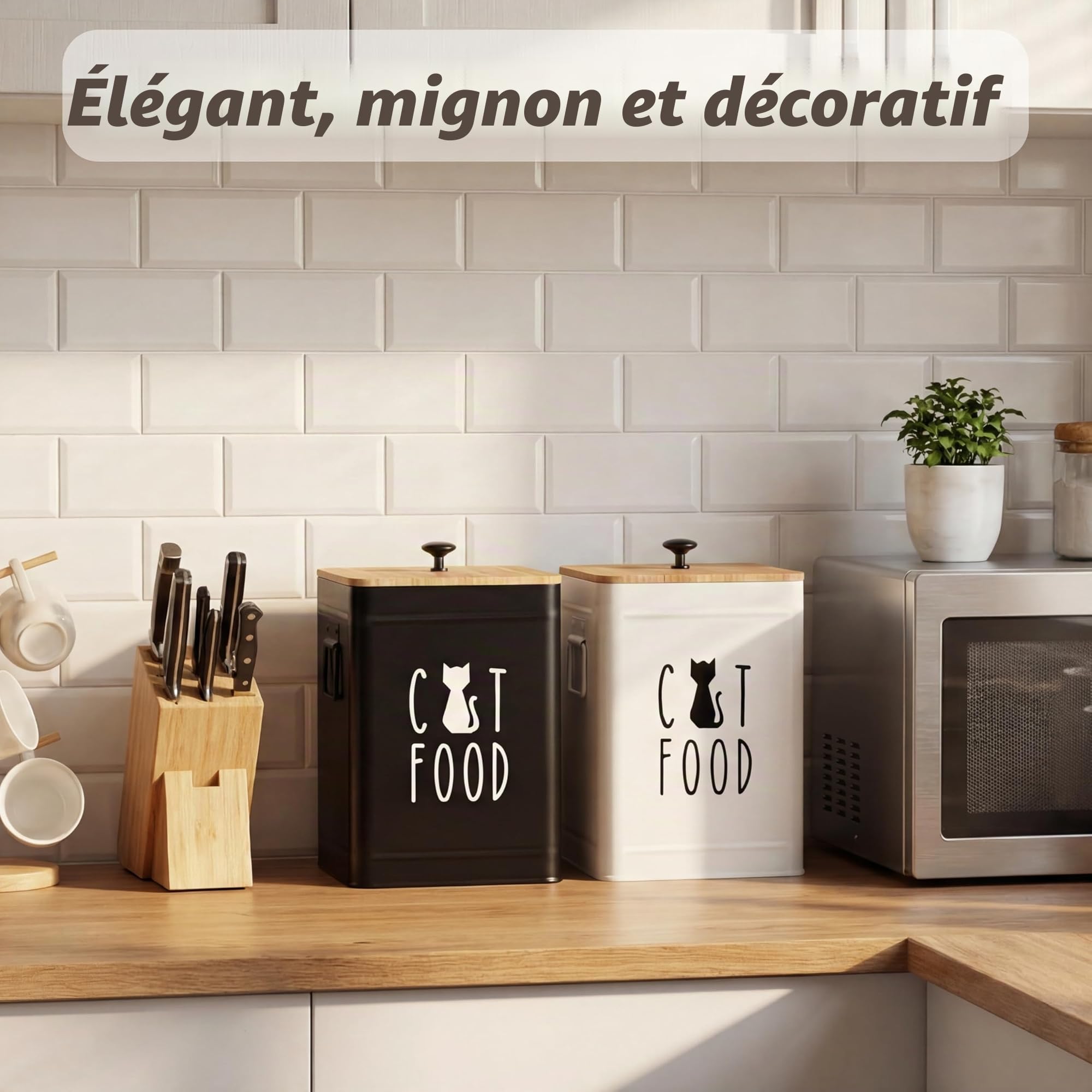 PERFNIQUE Récipient hermétique pour nourriture pour chat avec couvercle en bambou, 25 tasses, pour comptoir de cuisine, pots à friandises pour animaux domestiques, récipient alimentaire (blanc, avec