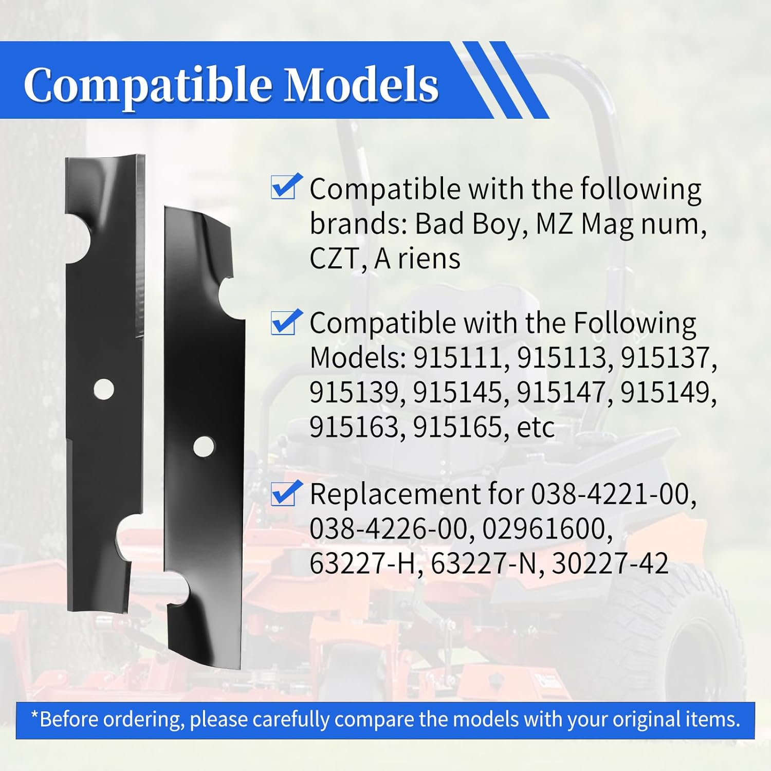 Keycci 038-4221-00 High Lift Notched Blades Compatible with Bad Boy Dixie Chop per 42" Deck, Lawn Mower Blades Replaces 038-4226-00 30227-42 63227-N, 3 Pack