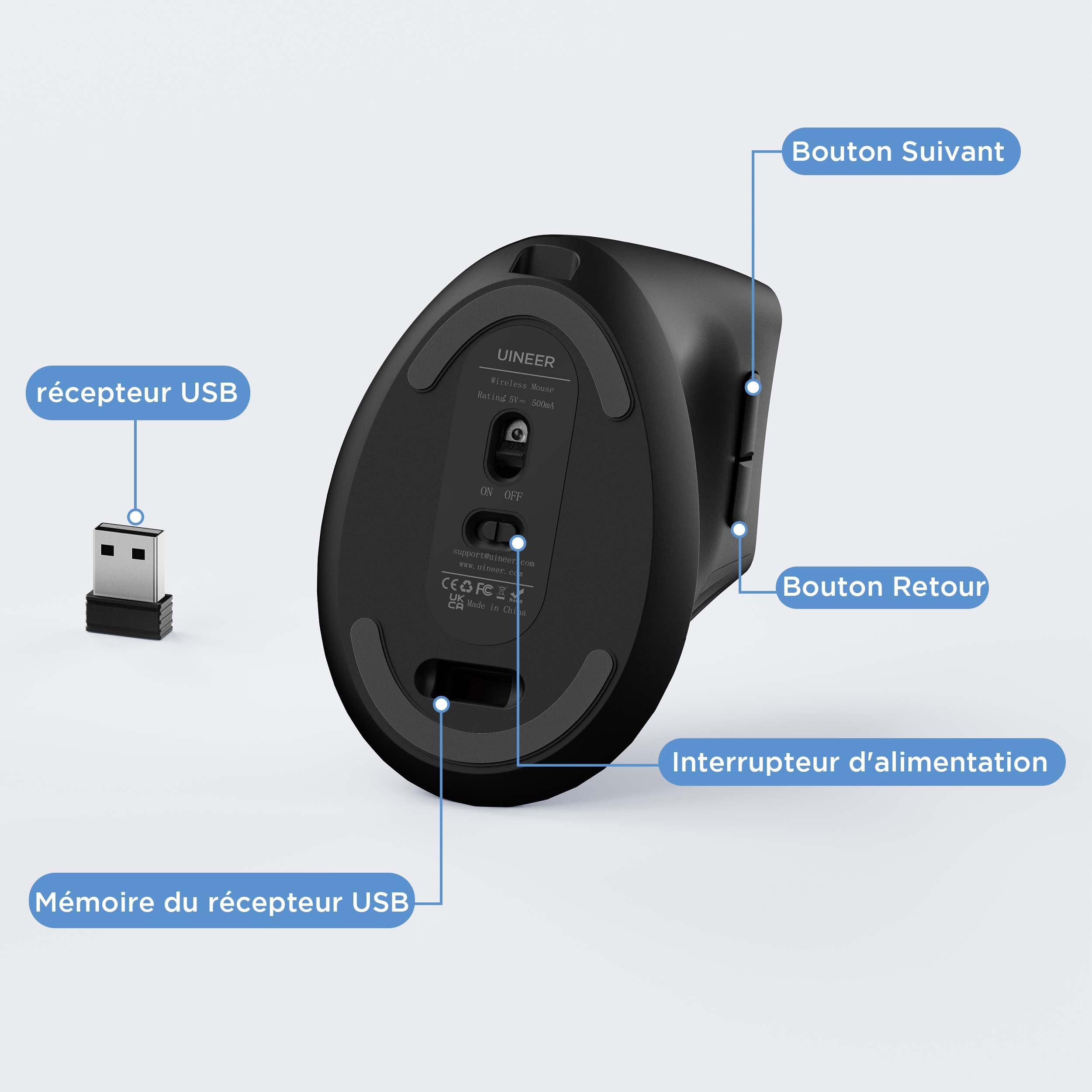 souris ergonomique sans fil, souris verticale 2,4G avec Indicateur de Batterie, DPI à 4 Niveaux, Confort et la Réduction de la Fatigue du Poignet, Idéale pour l'Usage à la Maison, Bureau, Noire