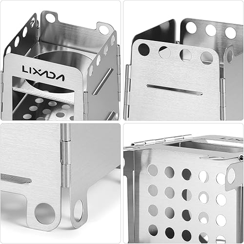 Miniatura 6 de Lixada. Estufa de leña portable de acero inoxidable. Ligera, plegable, para cocción en camping y picnic.