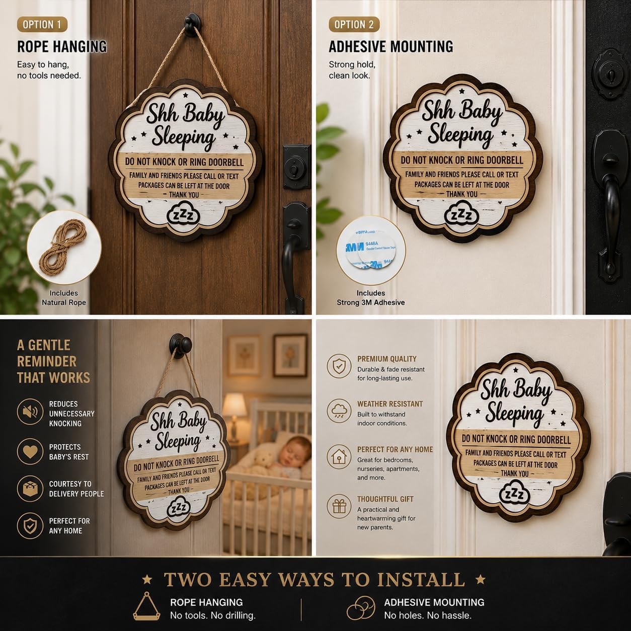 Baby Napping Sign for Front Door, No Knock No Bell Wooden Door Sign, Sleeping Door Hanger with Leave Packages Here Message, Nursery Decor for Newborn Baby Room