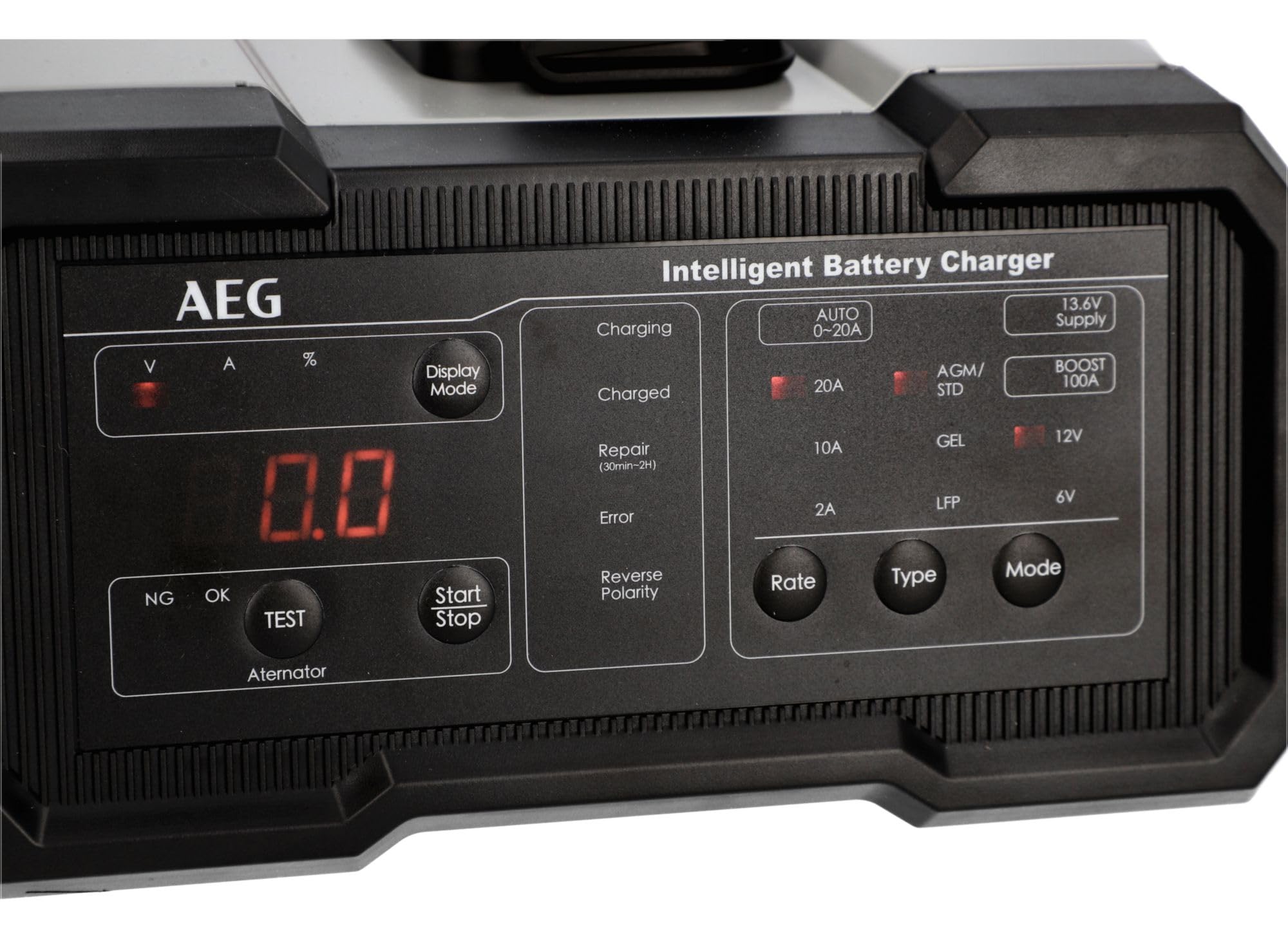 AEG Batterieladegerät CW20, für 6/12 V Batterien, 20A, automatische Ladefunktion, umfangreicher Sicherungsschutz, Erhaltungsfunktion, Ladestatusanzeige in Prozent, LED-Display