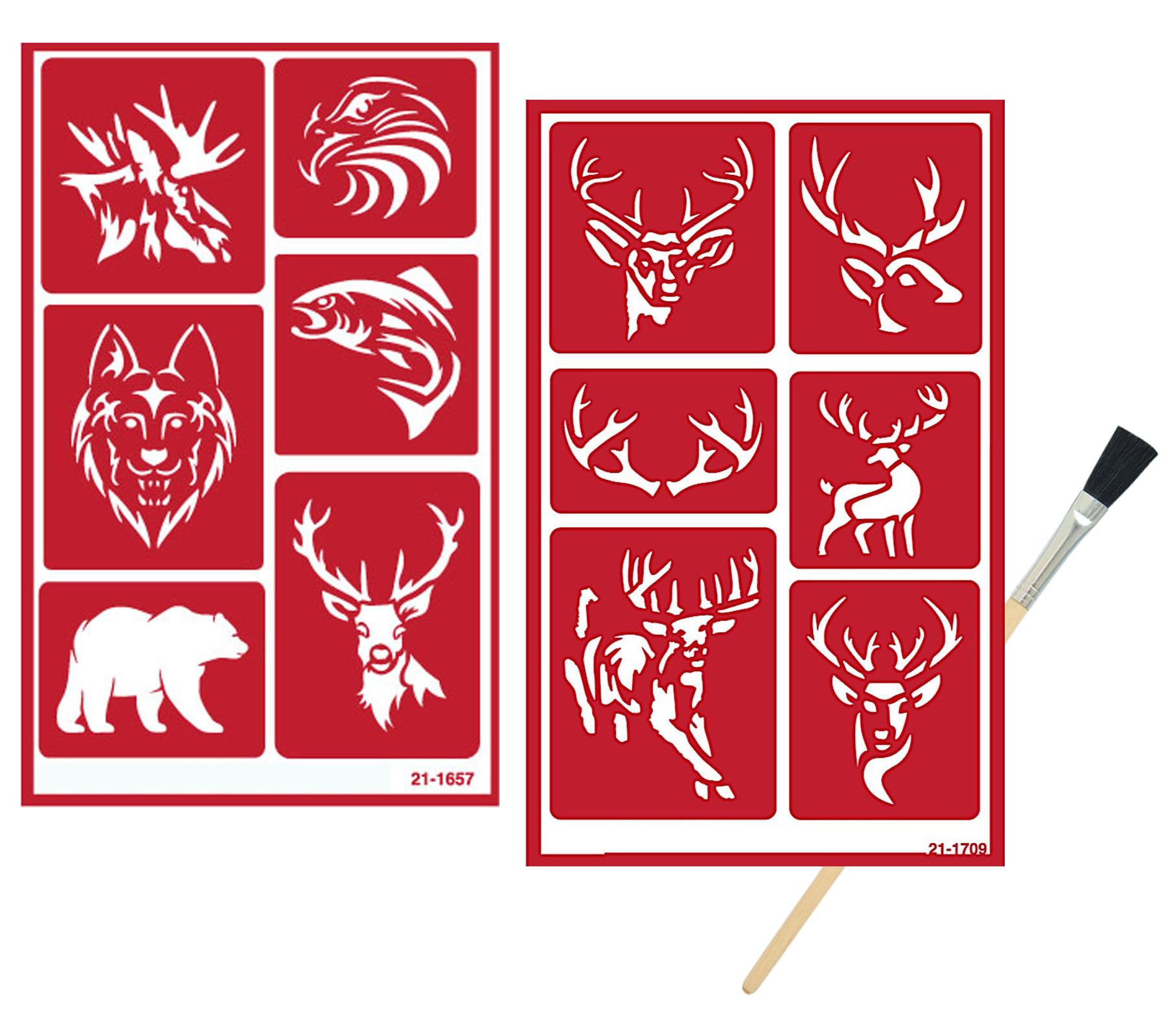 2 Reusable Glass Etching Stencils - Wildlife, Moose, Bear, Wolf, Deer, Antler Etch Themed Stencil - Wild Animal, Deers Theme Design - Set Includes Brush