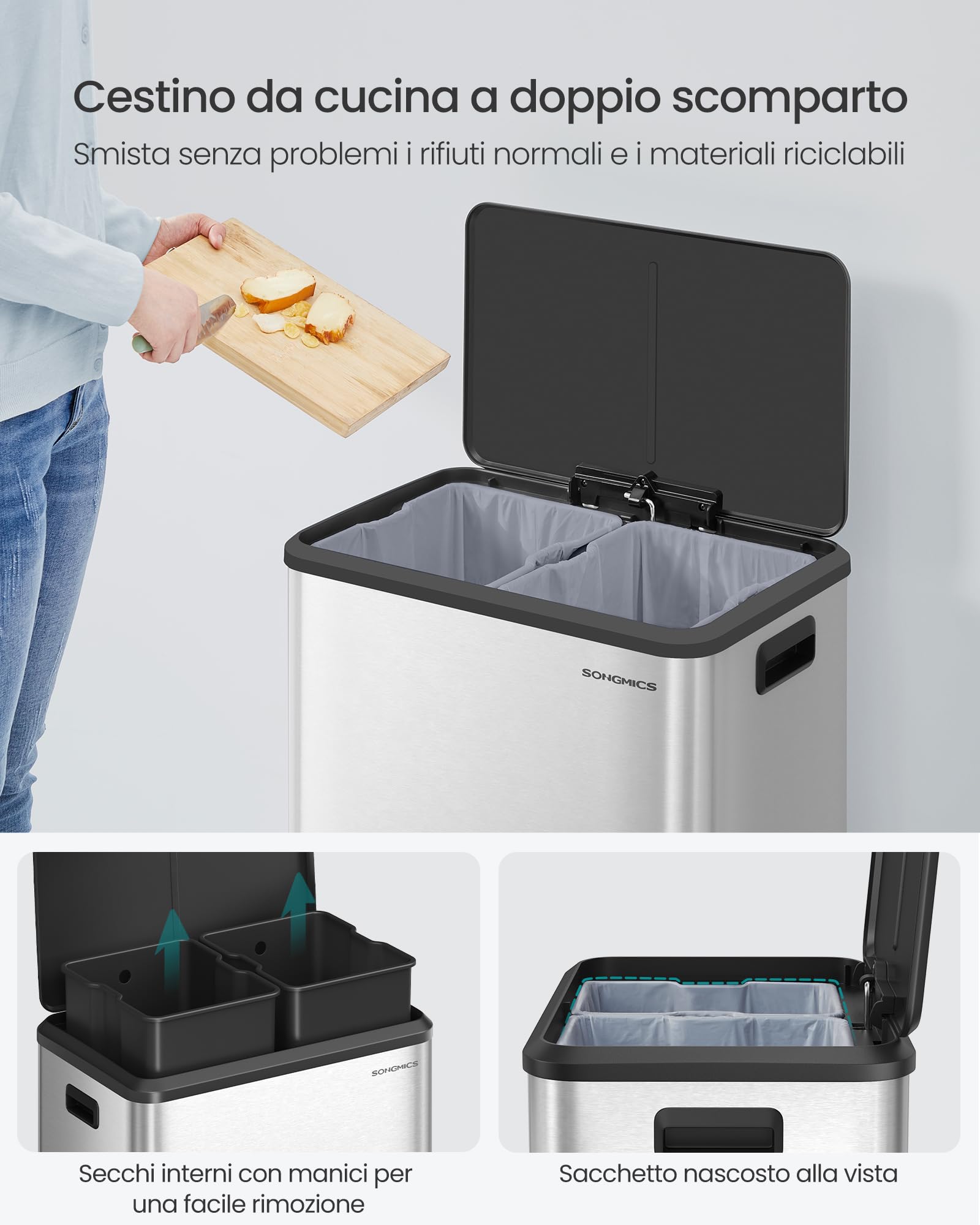 SONGMICS Cestino da Cucina, 2 x 30 L, Pattumiera Doppia per Raccolta Differenziata, Secchi Interni, Acciaio Inossidabile, Coperchio a Chiusura Morbida, Pedale Ampio, Argento Metallizzato LTB556E01