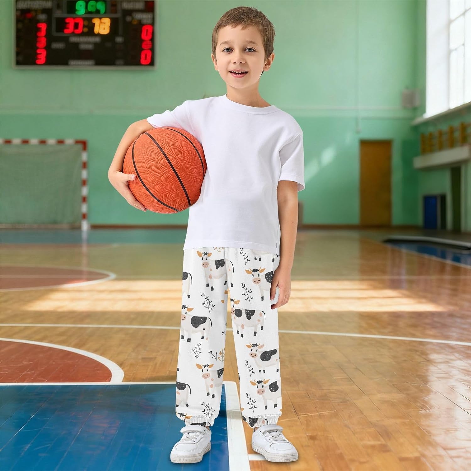Boy Sweatpants Cartoon Cow Leaf Joggers Casual Athletic Pants Kids Elastic Waist Cuffed with Pockets
