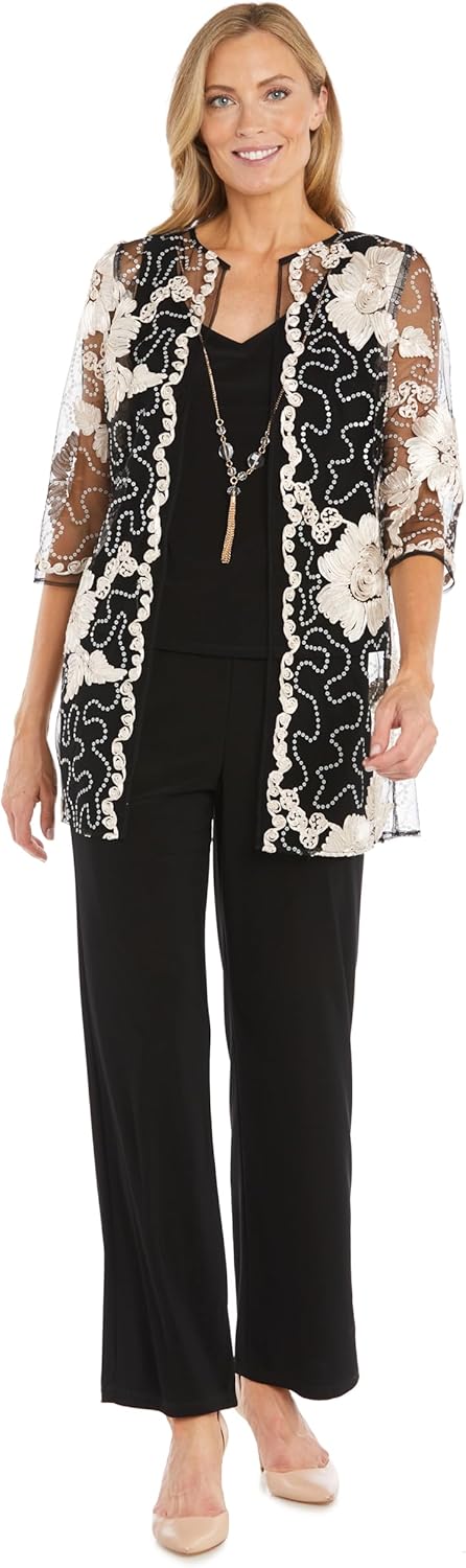 R&M Richards Women's 3-Piece Sequin Soutache Cardigan Pantsuit Set W/Necklace - Includes Tank Top & Wide Leg Pull-On Pants