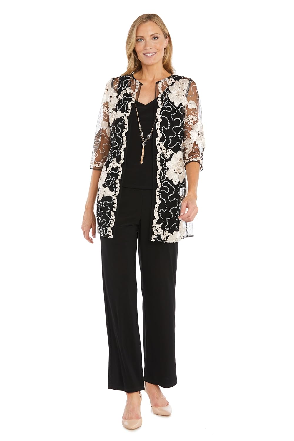 R M Richards Womens 3-Piece Sequin Soutache Cardigan Pantsuit Set W Necklace - Includes Tank Top Wide Leg