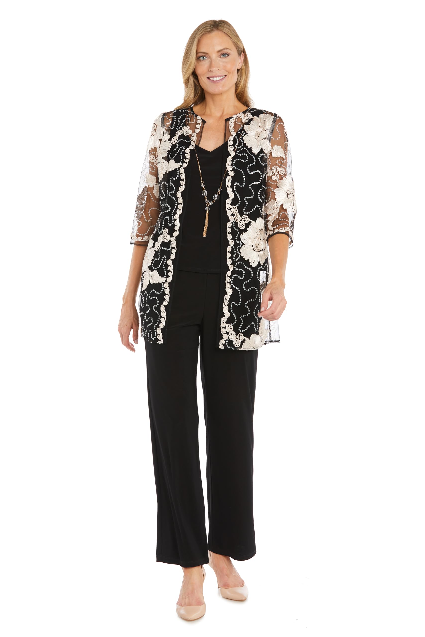 R M Richards Womens 3-Piece Sequin Soutache Cardigan Pantsuit Set W Necklace - Includes Tank Top Wide Leg