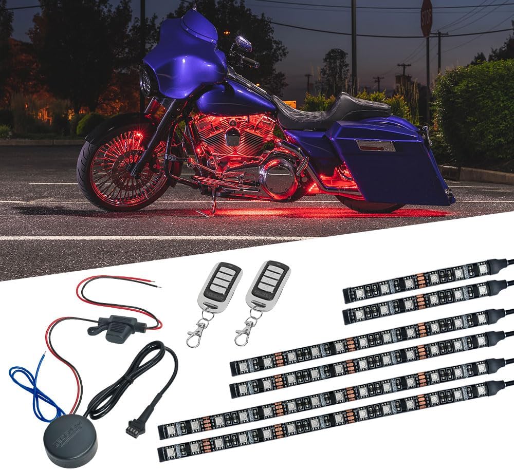 LEDGlow 6pc Advanced Million Color LED Motorcycle Accent Underlow Light Kit - 15 Solid Colors - 6 Patterns - Multi-Color Flexible Strips - Includes Waterproof Control Box