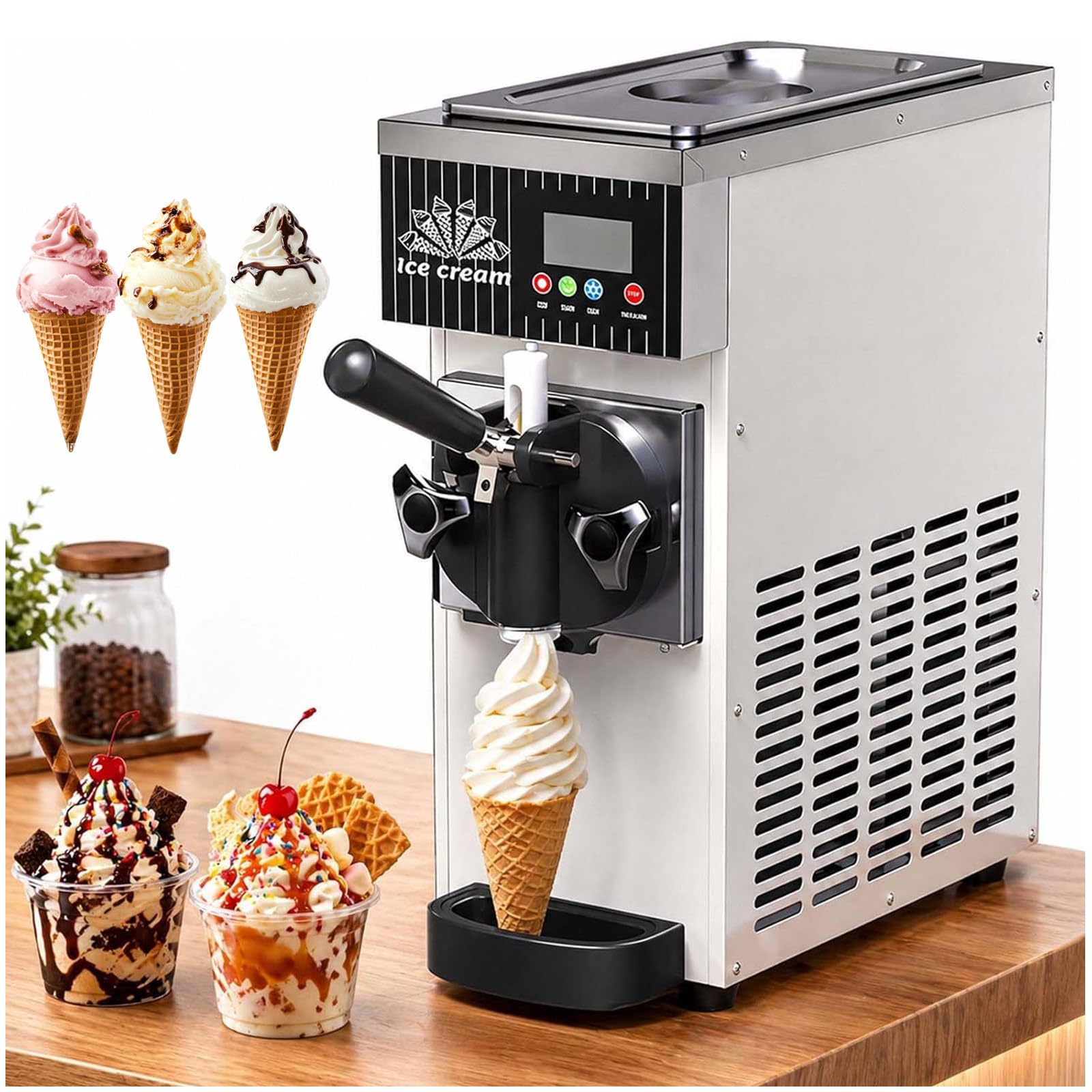 ZEEKYFOR Commercial Ice Cream Maker Machine, Single Flavor Soft Serve Ice Cream Machine with LCD Display, Auto Clean 2.5L White