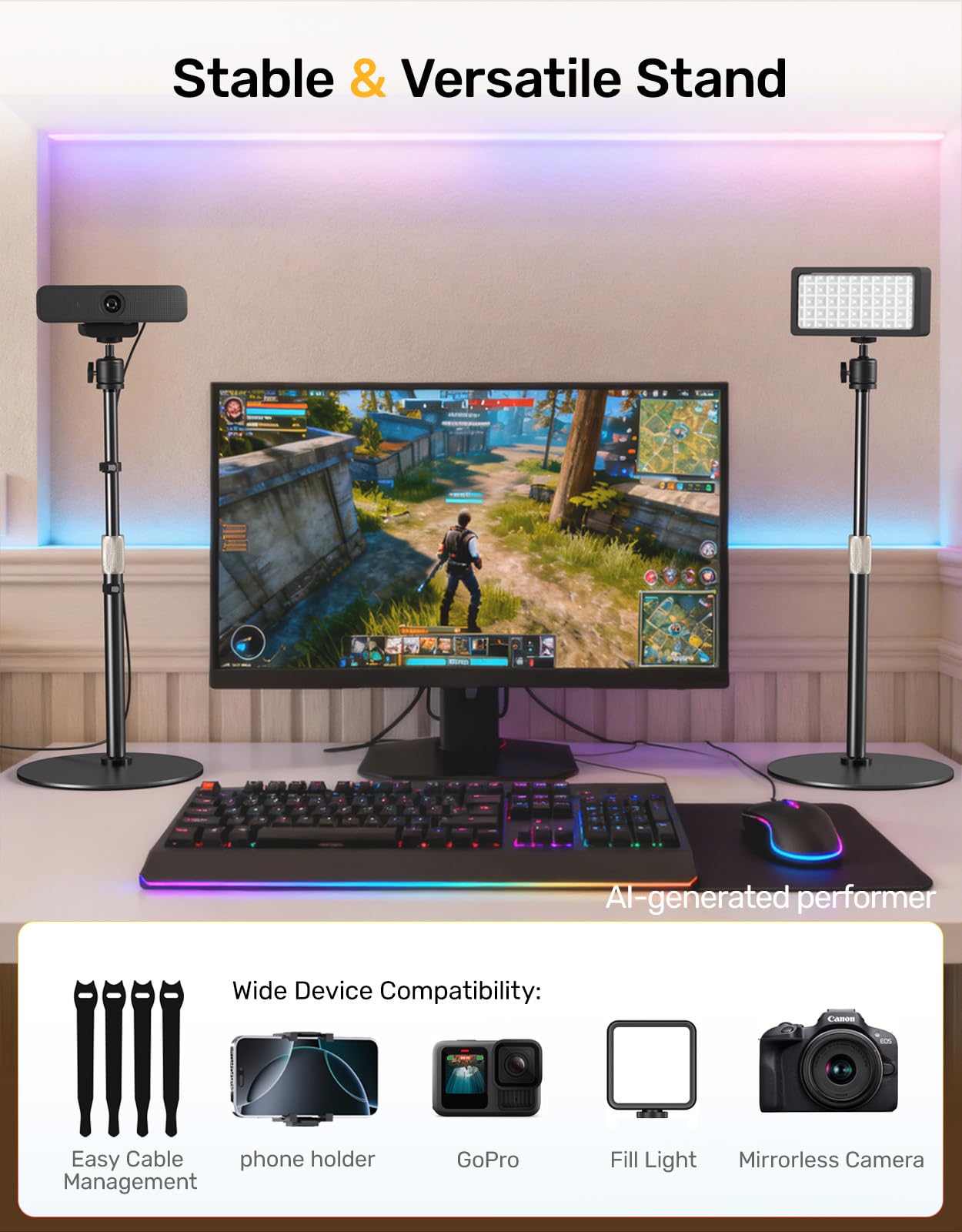 Trépied pour Webcam - Hauteur réglable et pivotant à 360° - Compatible avec Webcam Logitech C922 C930e C920S C920 C615 C960 et BRIO et Autres appareils avec Filetage 6,35 mm