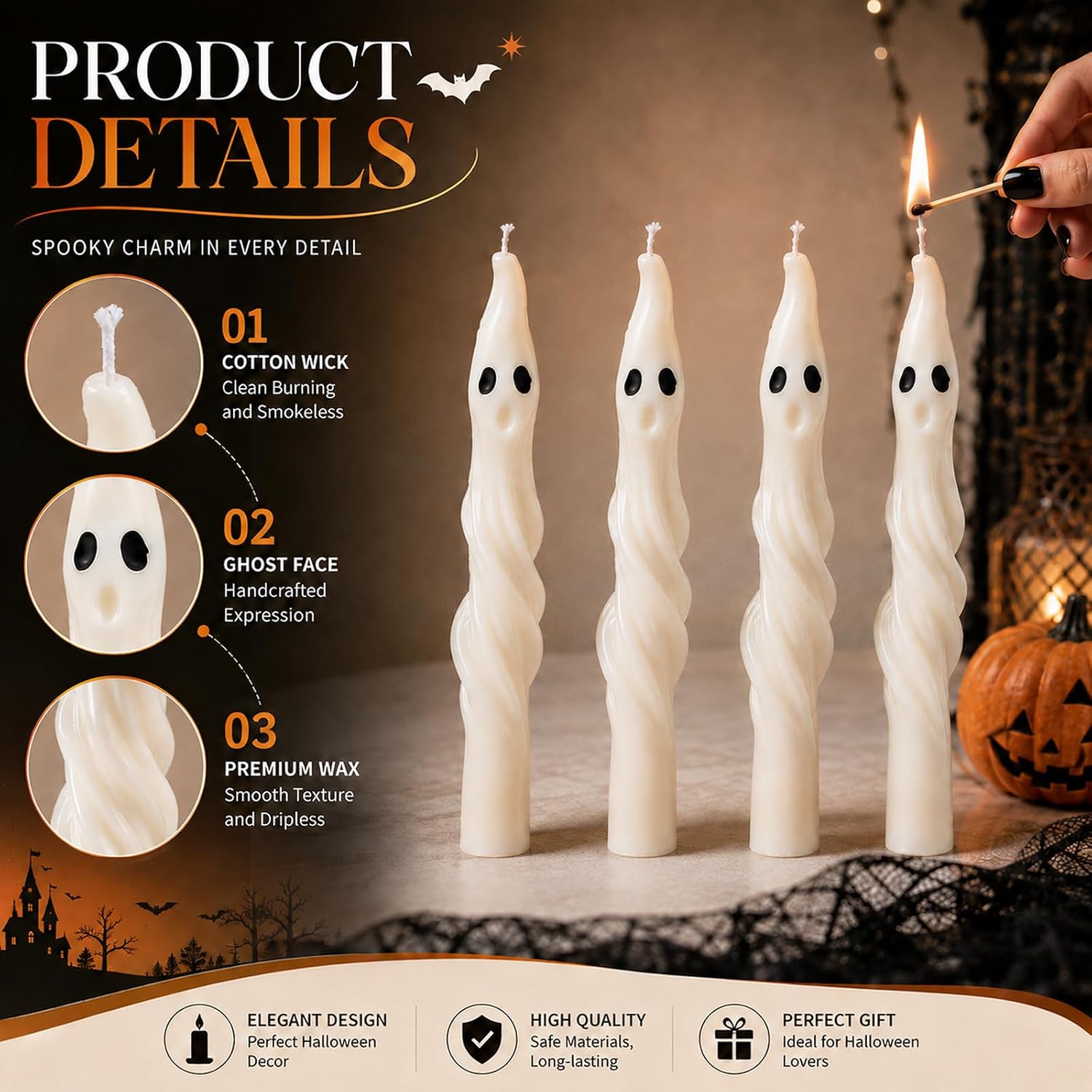 AnyDesign 4 Pcs Halloween Twisted Wax Candles, Ghost, 7.9 Inch