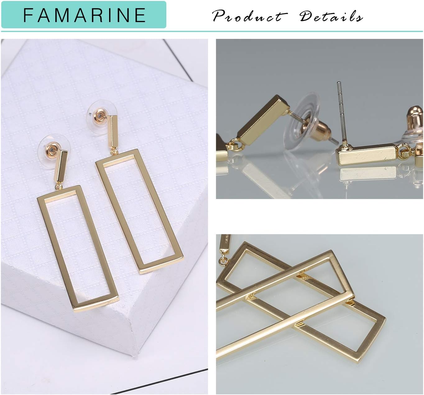 FAMARINE Gold Silver Black Rectangle Geometric Drop Dangle Earrings for Women Fashion Prom Jewelry - Image 5