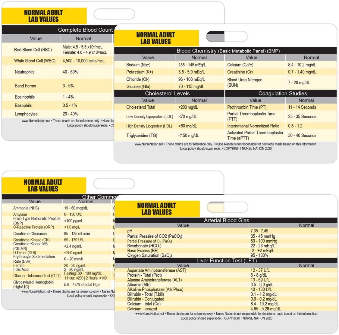 Lab Values Horizontal Plastic Badge Cards - Set of 2 Cards Used as Clinical Reference for Nurses (RN) - Great Nursing School Supplies and Accessories - Common lab Values, CBC, BMP, LFT, and More!