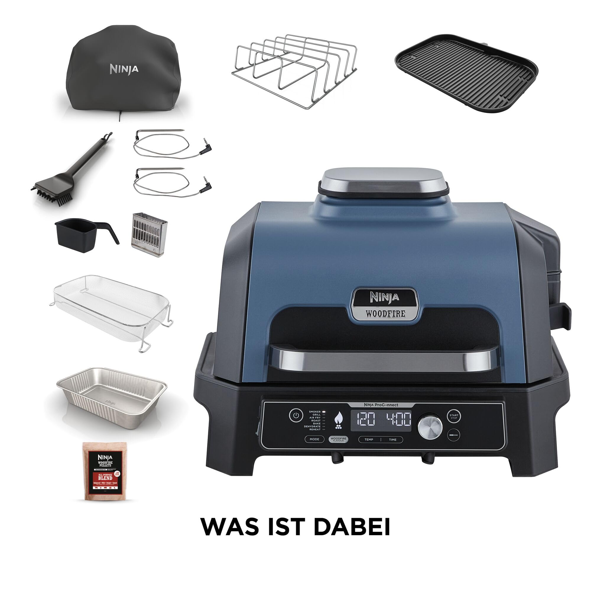 Ninja Woodfire Pro Connect XL Elektrischer BBQ Smoker Grill, App-Steuerung, digitaler Temperaturfühler, Rippenrost, Deckel, großer 7-in-1 Outdoor Grill & Heißluftfritteuse, blau & schwarz OG901EUAMZ