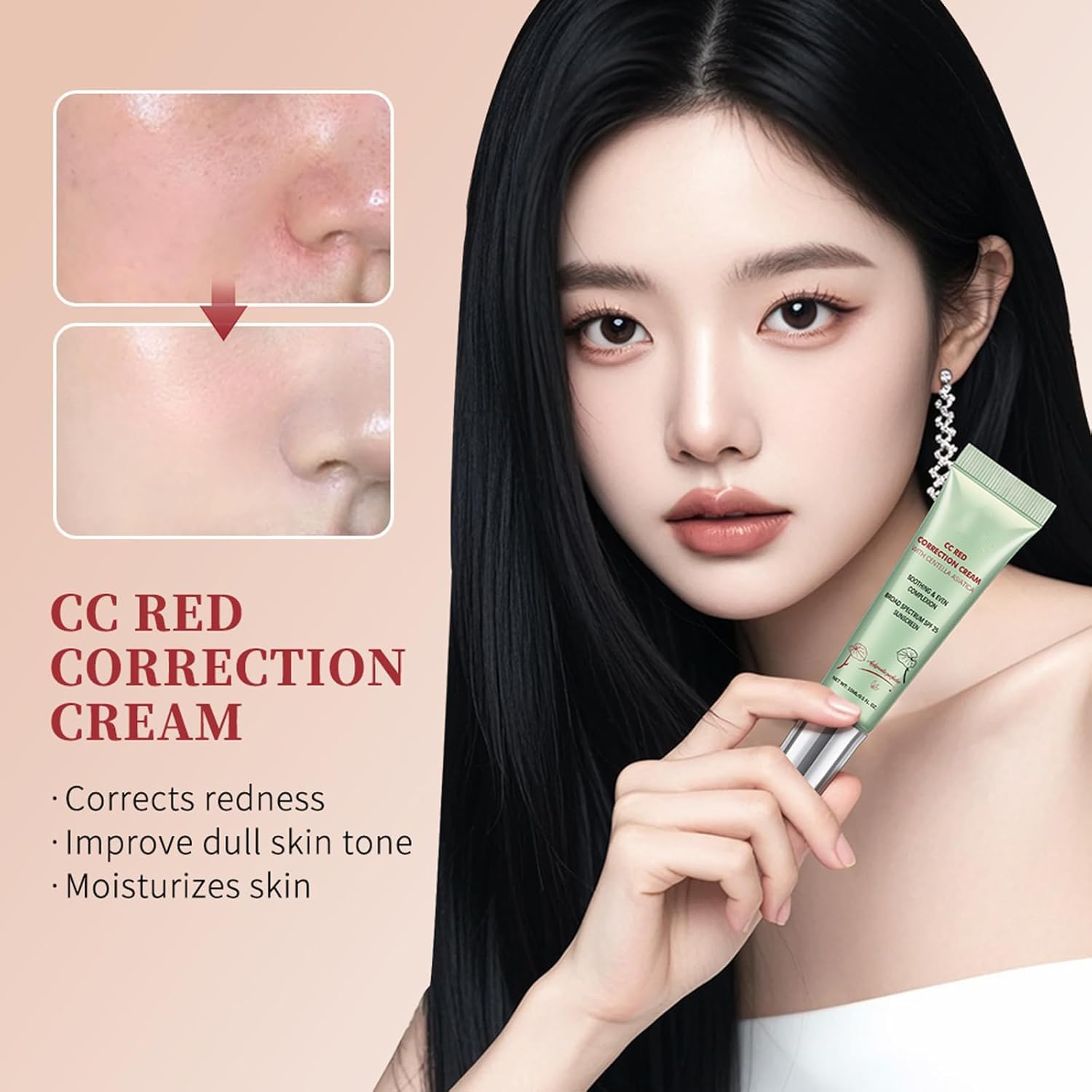CC Correcteur Rouge à la Centella Asiatica, Anti-cernes Pores Invisibles, Crème CC Légère avec SPF 25, Anti-imperfections, Rougeurs et Marques d'Acné
