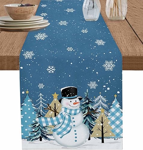 Camino de mesa navideño de muñeco de nieve de 72 pulgadas de largo, algodón y lino, bufandas de arpillera, cocina, cena, cafetería, decoración de