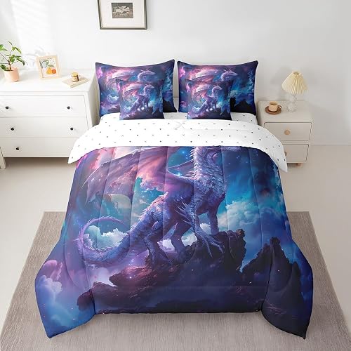 7 Pieces Purple Dragon Comforter Set Queen,Trippy Galaxy Bed Set for Kids Boys G