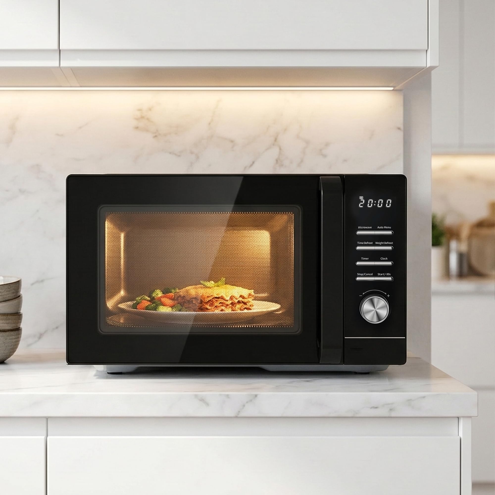 HMW-MD25DMRBK Mechanischer Mikrowellenherd, 25 l, 800 W Aufsatz-Mikrowelle mit 5 Leistungsstufen, Timer, Auftaufunktion, schwarzes Finish, 28,5 cm Drehteller, 3 Jahre Garantie (Mirror Black)