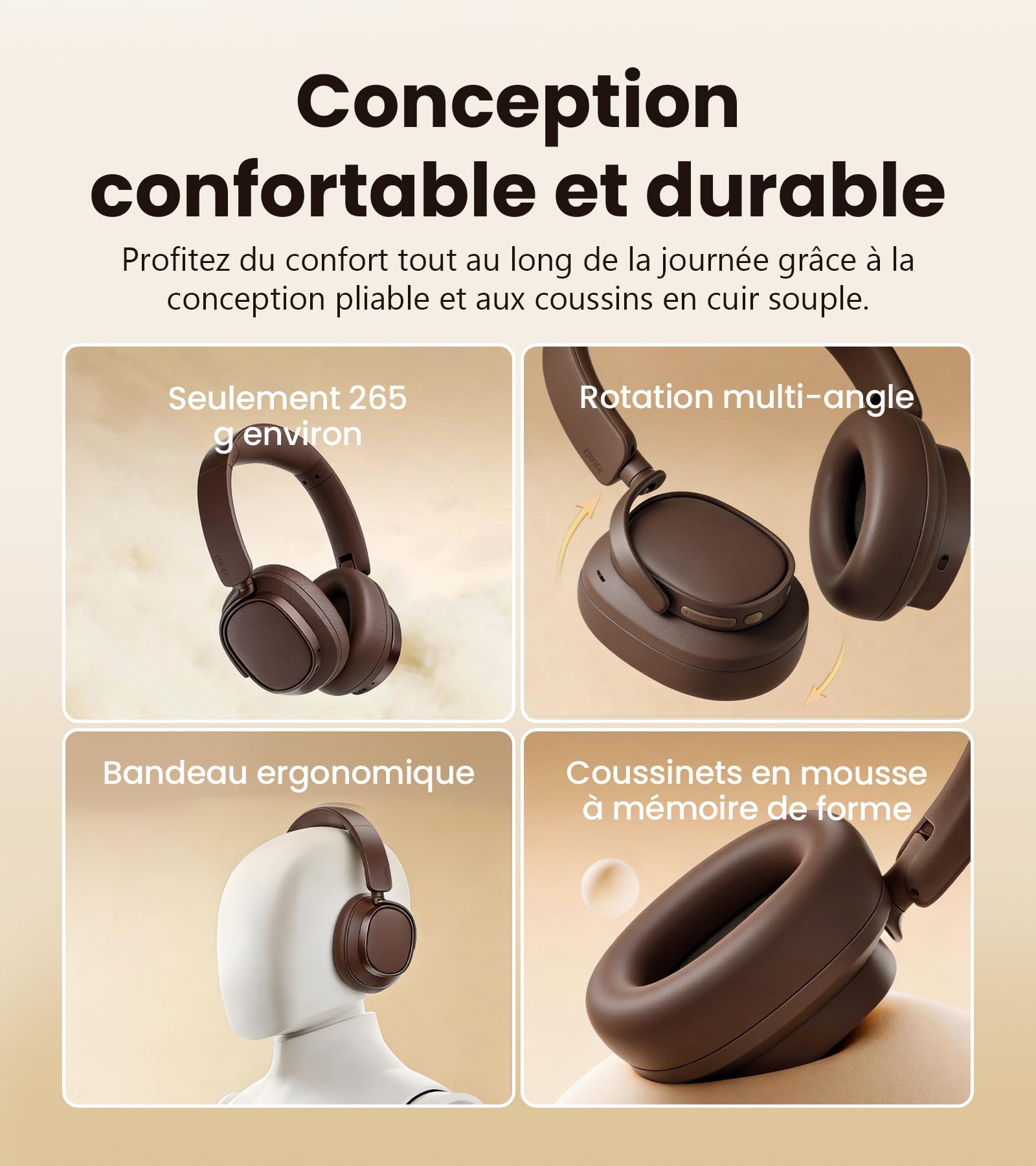 Edifier ES850NB Casque Supra-auriculaire sans Fil à réduction de Bruit, Hi-Res Audio, LDAC, 92H d'autonomie, Bluetooth 5.4 & Multipoint, AI Call Noise Reduction, Touch Control, Foldable Design，Marron
