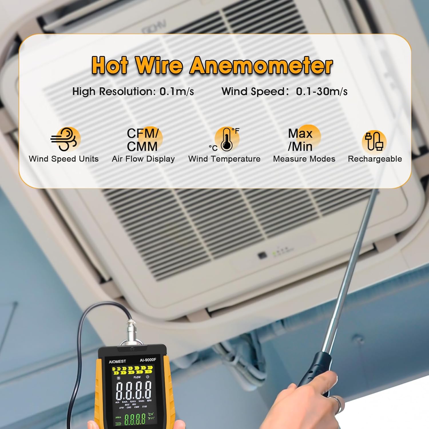 AIOMEST AI-9000F Hot-Wire Anemometer displaying measurements, with its flexible probe extended into ductwork.
