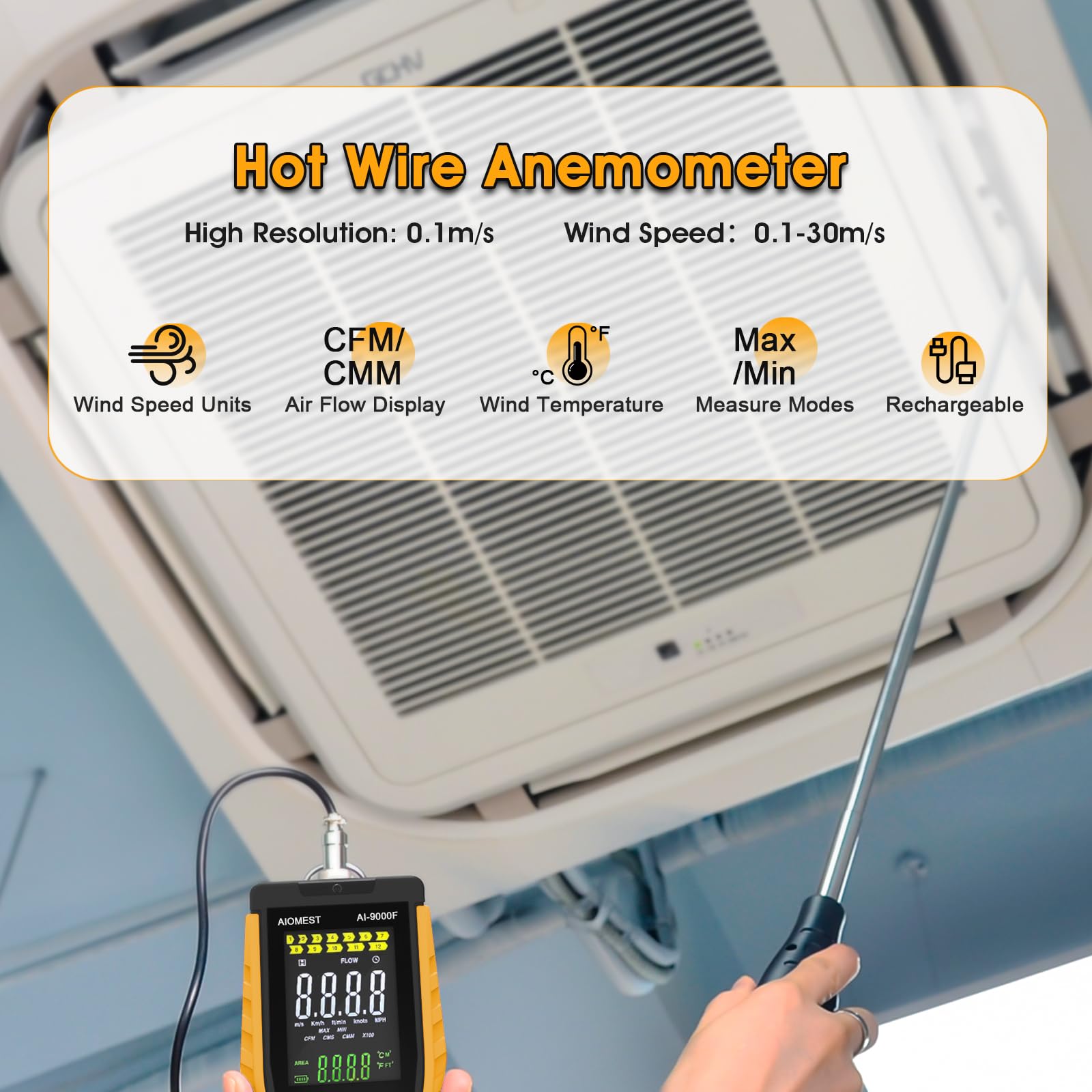 Anemómetro Térmico de Hilo Caliente AIOMEST AI-9000F HVAC Medidor de Viento Velocidad y Temperatura