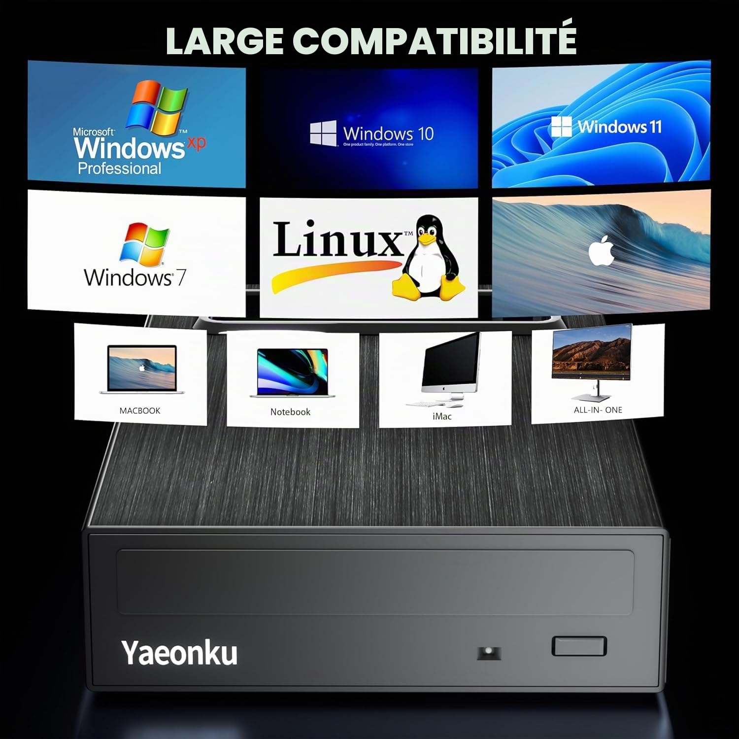Yaeonku Lecteur Blu-ray externe 4 en 1, 16 x USB 3.0 et lecteur Blu-Ray externe de type C, chargeur rapide multifonctionnel, graveur CD/DVD de bureau, graveur CD/DVD avec boîtier de disque dur