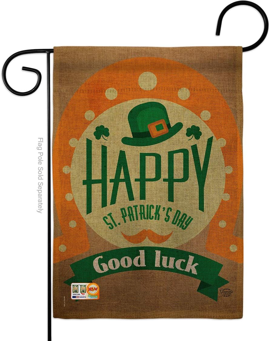 Good Luck St Patricks Day Garden Flag Set Wall Holder Springtime Patrick Shamrock Leprechaun Lucky Coin Holiday March Irish Clover Small Gift Yard House Banner Made In USA 13 X 18.5