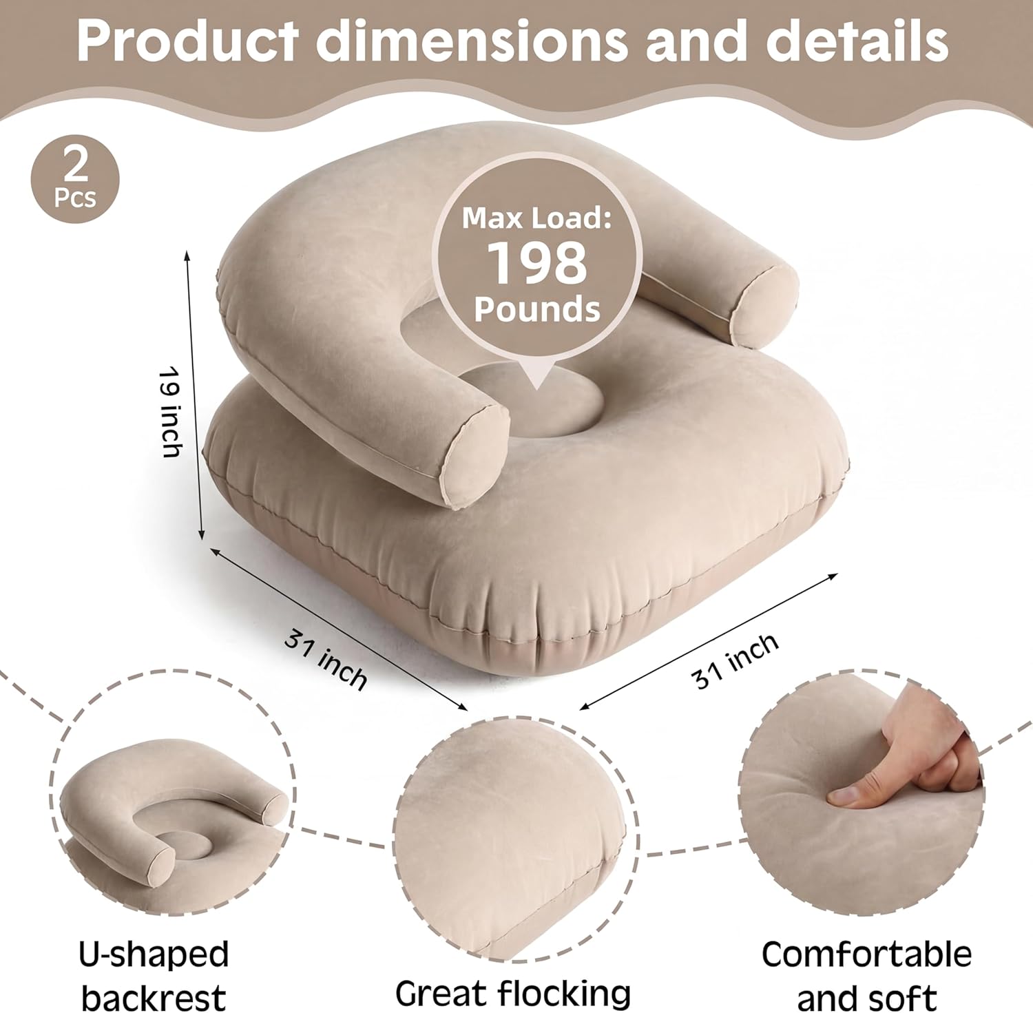 2 Pcs Inflatable Lounge Chair Deck Chair Lazy Sofa, Blow Up, Folding, Portable Couch for Home, Office Balcony, Floor Seating (Grey)