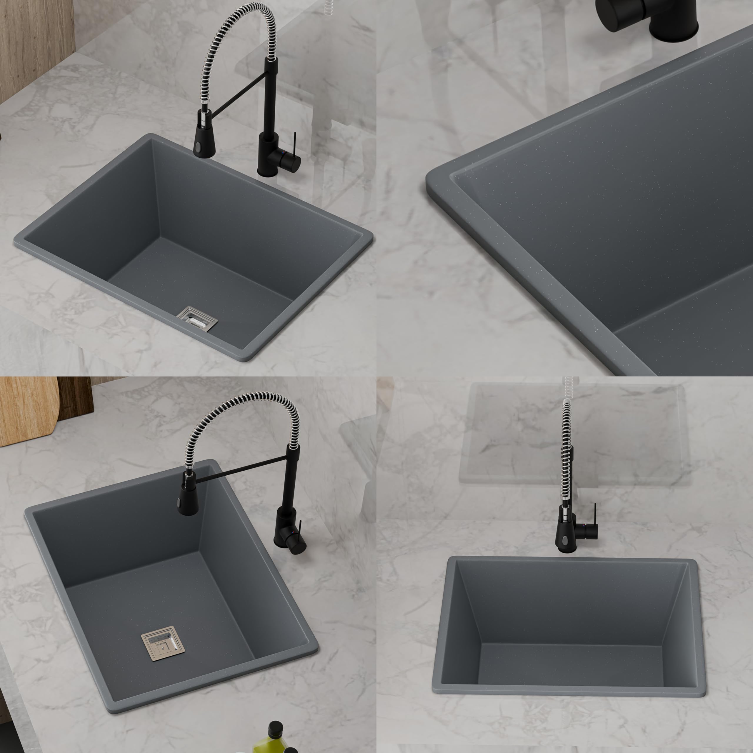 HISRE Single Bowl Quartz Kitchen Sink 16X18X8 Inch | Deep Undermount or Drop In Basin for Kitchen | Easy Clean and Scratch Resistant | Heavy Duty Construction for Long Lasting Use | Gray, photo 4 of 4