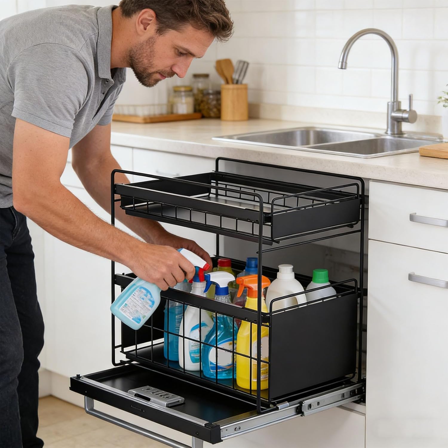 Kitchen Under Sink Planner Remove Drawer Storage Answer for Cleansing Tools Constructed of Iron with Large Capacity Effortless Access Home Rack