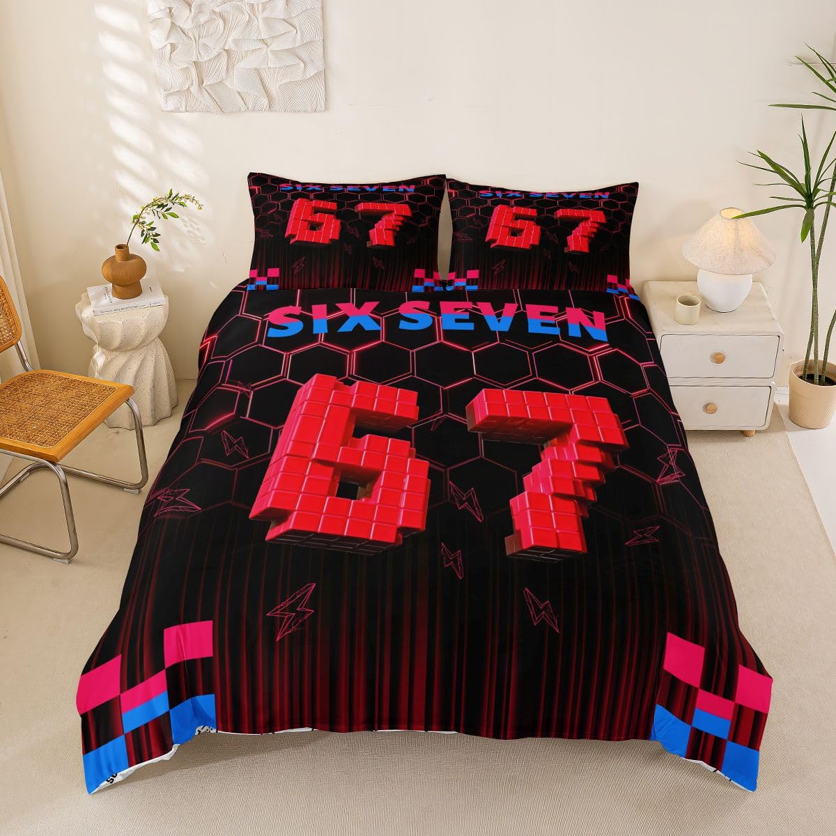 Loussiesd 3D Pixel 6-7 Duvet Cover Set Super King Size for Kids Boys Girls Red Honeycomb Six-Seven Bedding Set Geometric Hexagonal Duvet Cover with 2 Pillowcases Meme 67 Bedding โ image 1
