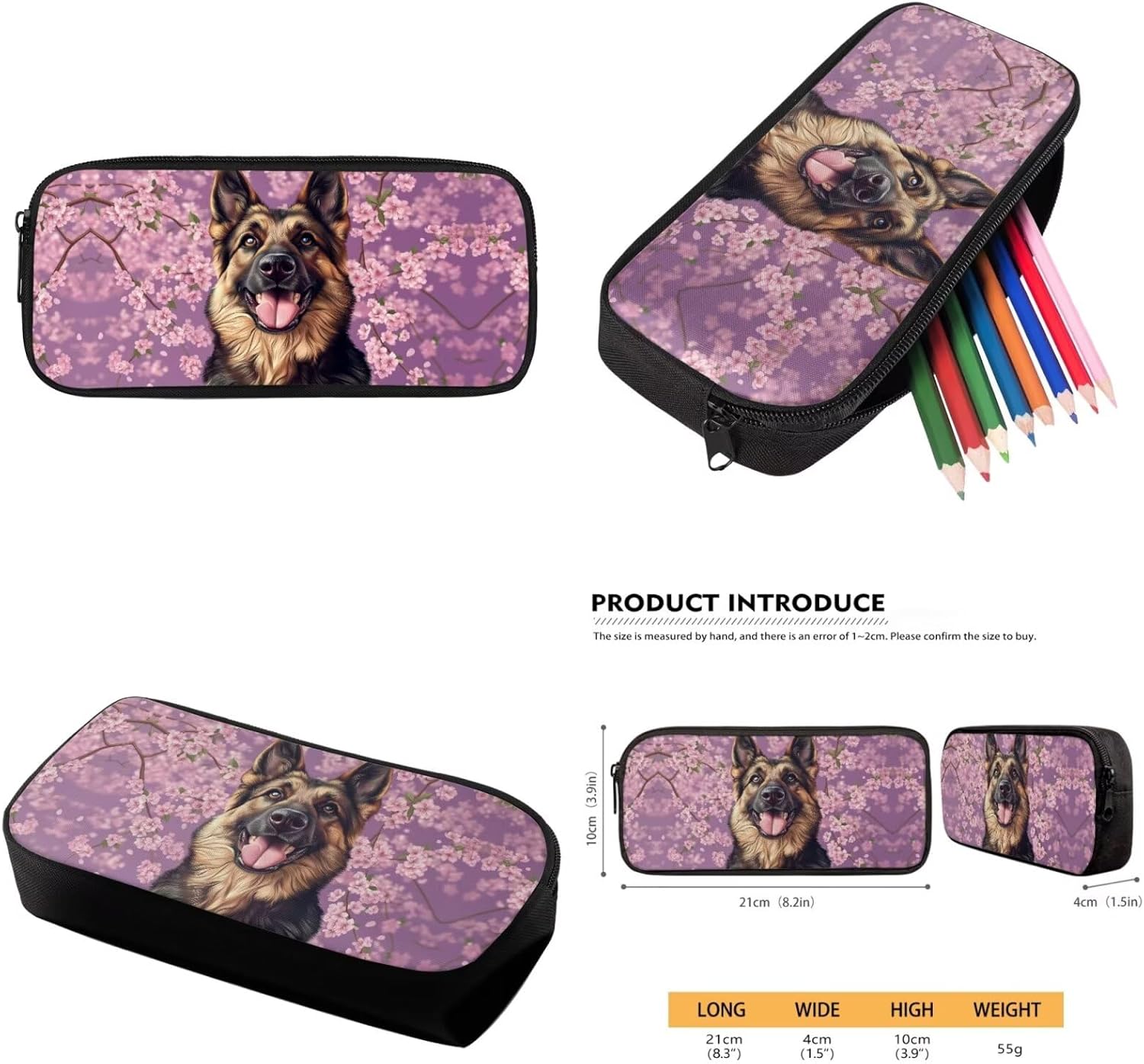 German Shepherd Backpack for School Girls 3rd Grade Preppy Dog Kids Bookbag with Lunch Box Set Cherry Blossom Elementary Back Pack Book Bags Lunchbox Water Bottle Holder Pencil Case 6-8/8-10