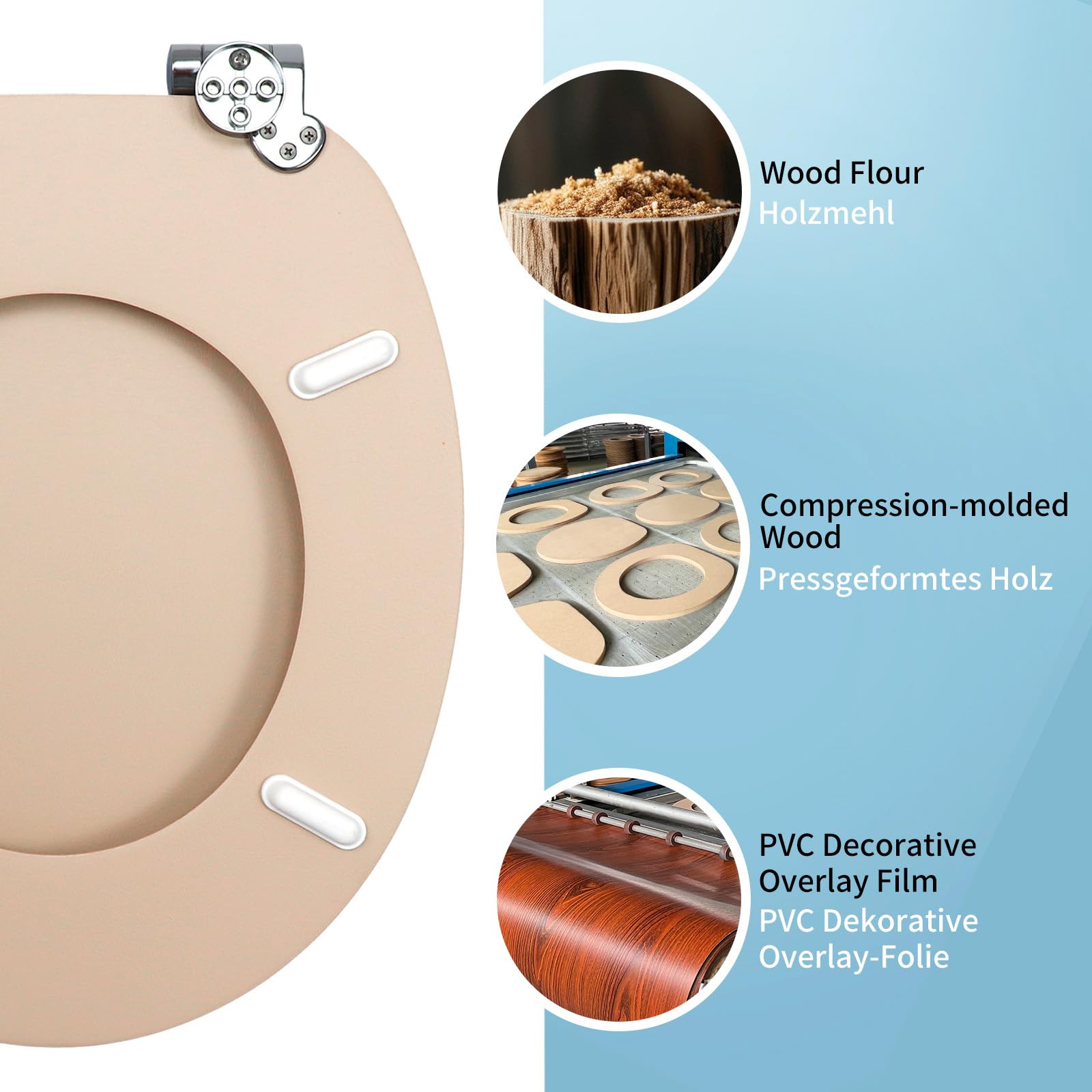 Asiento de inodoro universal de madera de cierre suave, hecho de MDF con material de aspecto de piel de PVC, bisagras ajustables con accesorio inferior, fácil de instalar para baño, 43,5 x