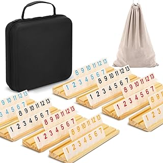 Soopotay 8 Player Rummy Game Set, 214 Melamine Tiles, 8 Wooden Holders, Premium Portable Case, Drawstring Bag, Tile Board Games for Adult/Travel, Birthday Gifts for Men Women