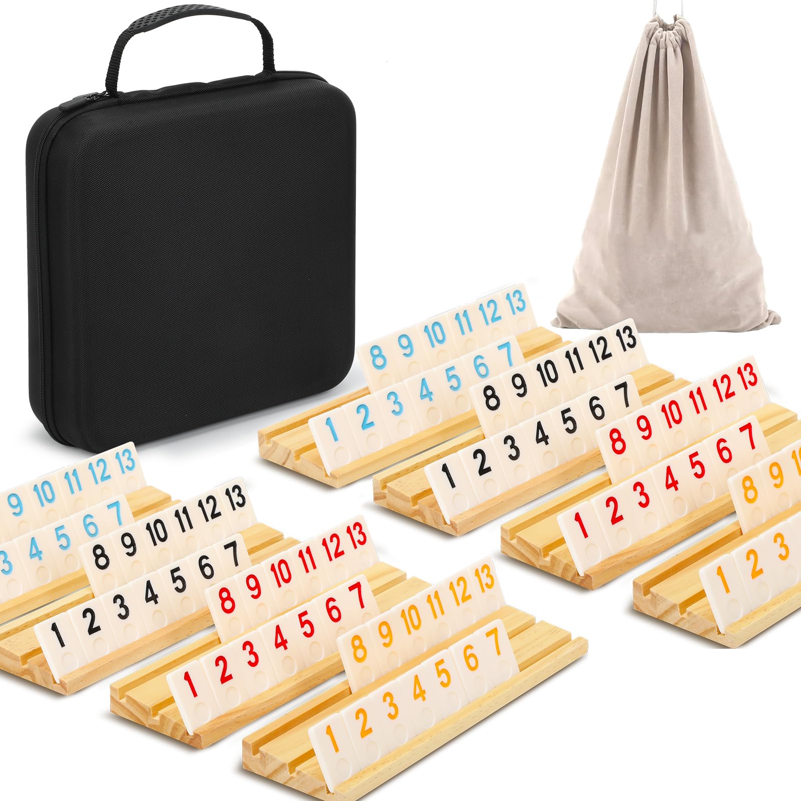 SOOPOTAY Rummy Cup Brettspiel Für 2-8 Spieler – 214 Melamin-Fliesen, 8 Holzhalter, Premium-Koffer & Beutel – Reisespiel für Erwachsene