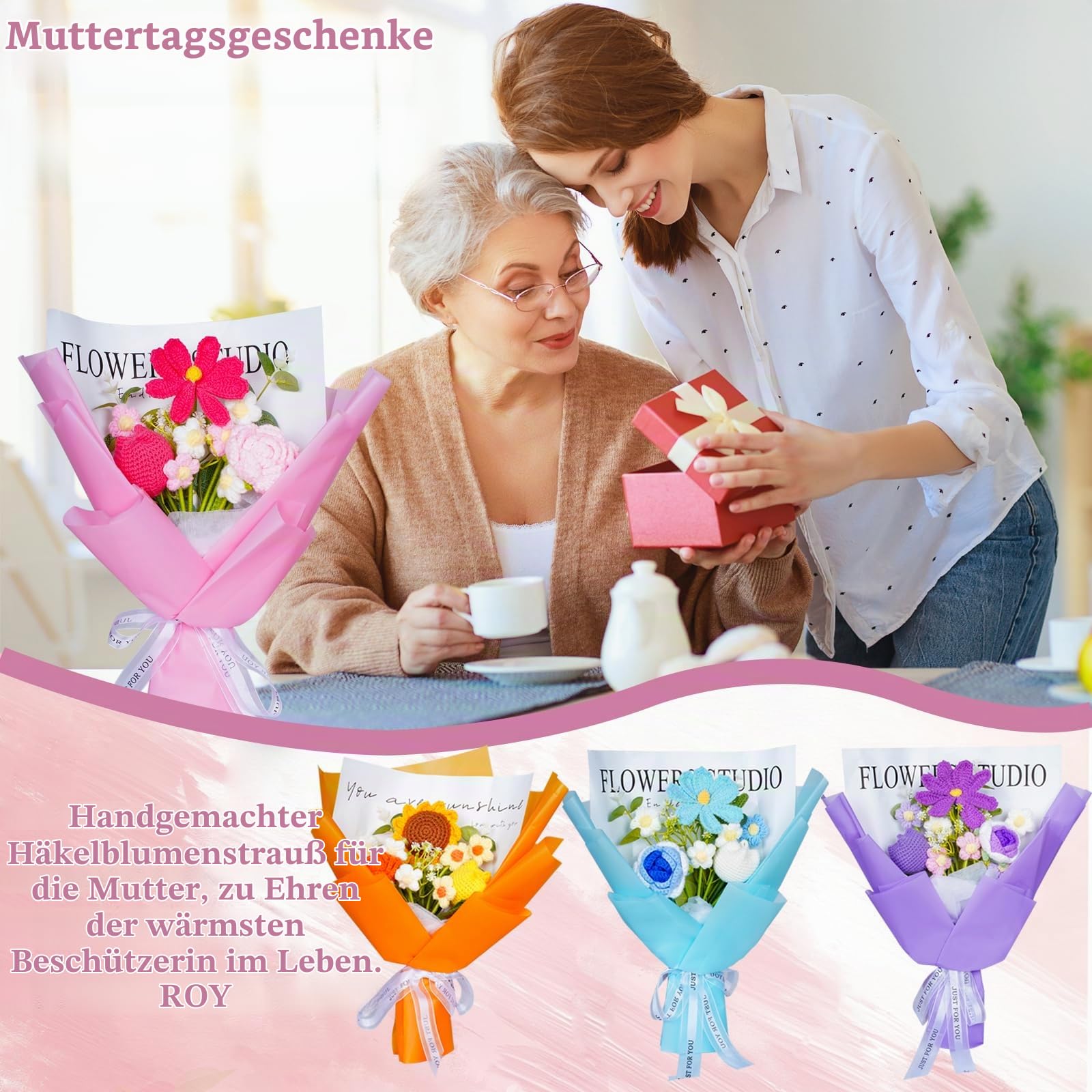 Gehäkelter Blumenstrauß in Rosa, Handgemachte Künstliche Blumen, Allergikerfreundliche Frühlingsdeko & Ästhetische Raumdeko
