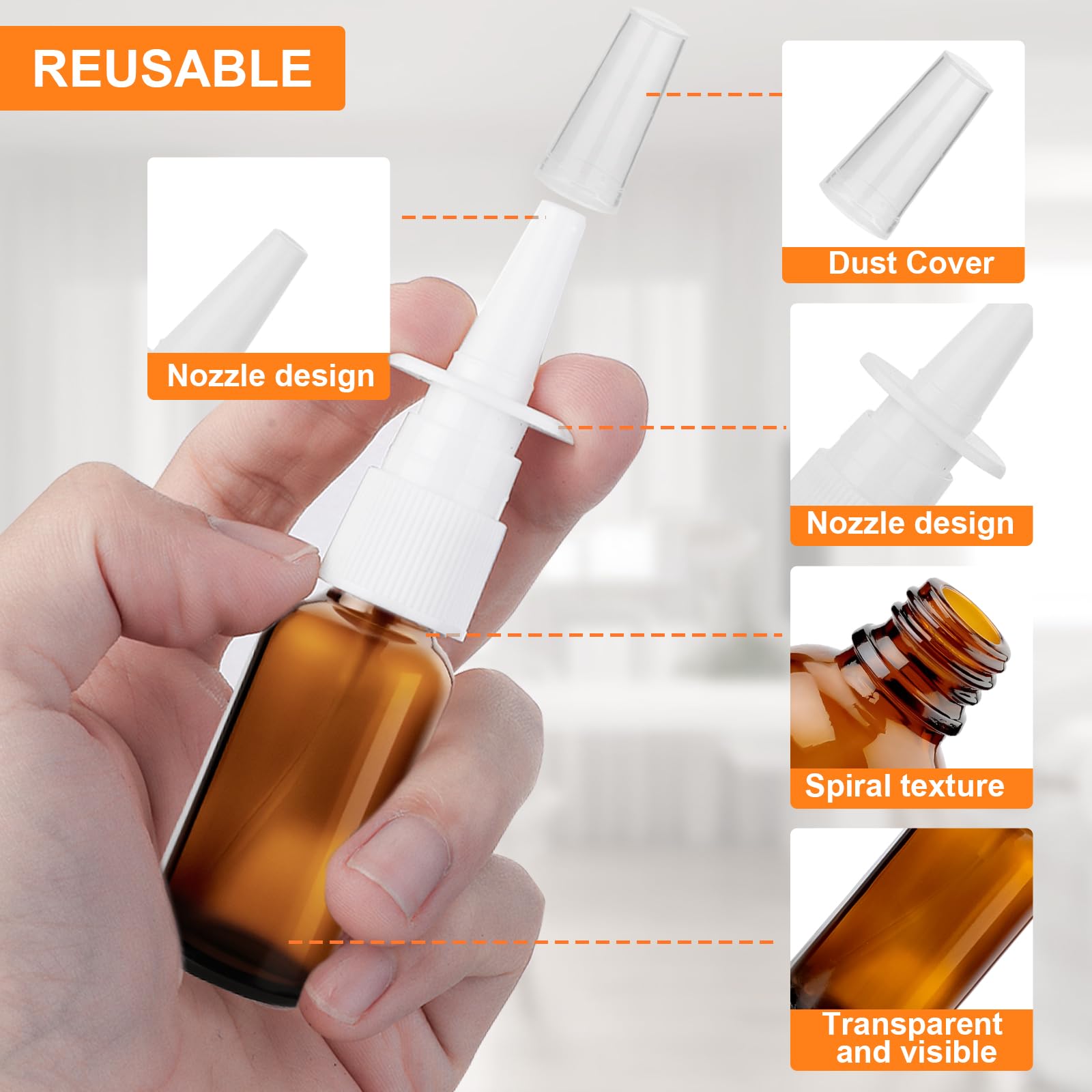 Lot de 5 flacons de spray nasal vide 30 ml en verre vaporisateur nasal à remplir, vaporisateur nasal réutilisable avec pipettes d'entonnoir pour solution saline parfum huile essentielle