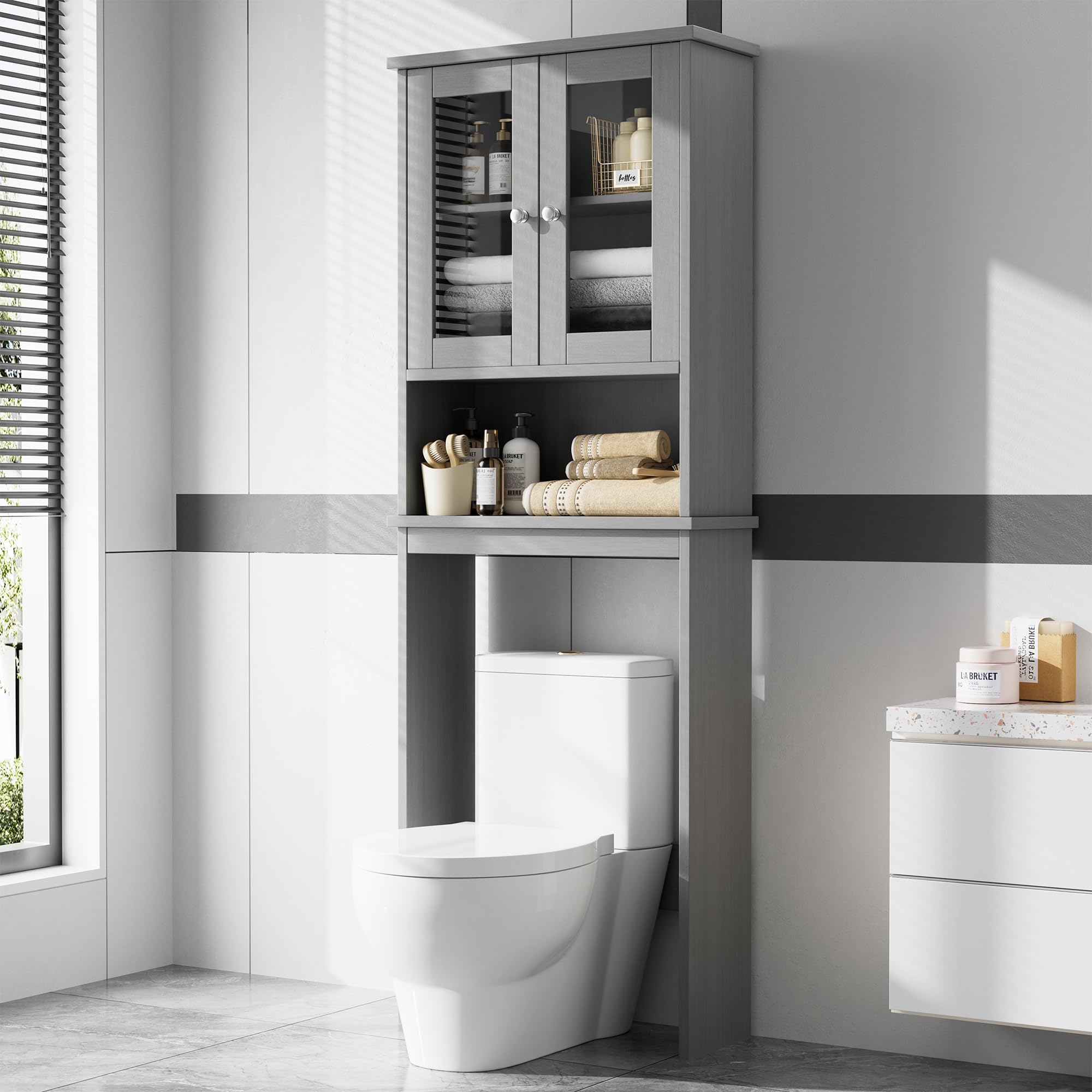 meilocar over the toilet storage cabinet, bathroom storage cabinet over toilet, space saver with 2 tempered glass doors, grey