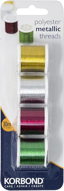 Korbond 4pcs Metalic Set-120m Thread  4 x 30m Spools  Red, Green, Silver, Gold-Ideal for Embroidery, Hand, Quilting, Machine, Sewing, Christmas Decorations, Polyester, 120m